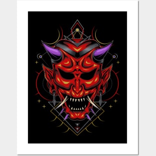 Japanese demon mask illustration Posters and Art